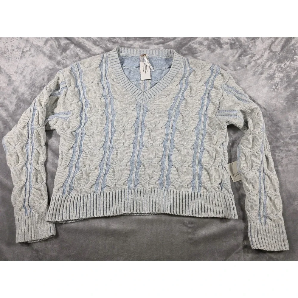 NWT FREE PEOPLE Blue Washed‎ Chunky Cable Knit Womens XS V-Neck Cropped Sweater